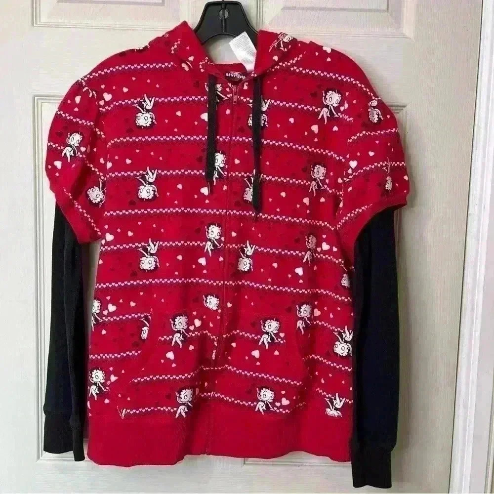 VTG Betty Boop Brand Authentic Red hearts Zip Hoodie Jacket Junior Plus 2X 19-21